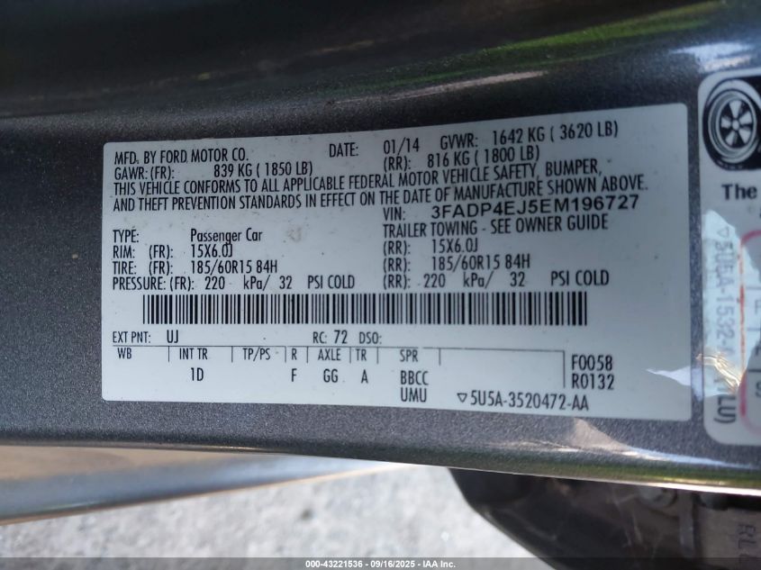 2014 Ford Fiesta Se VIN: 3FADP4EJ5EM196727 Lot: 43221536