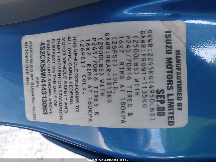 2001 Isuzu Rodeo Ls 3.2L V6/Lse 3.2L V6/S 3.2L V6 VIN: 4S2CK58W414313063 Lot: 43221547