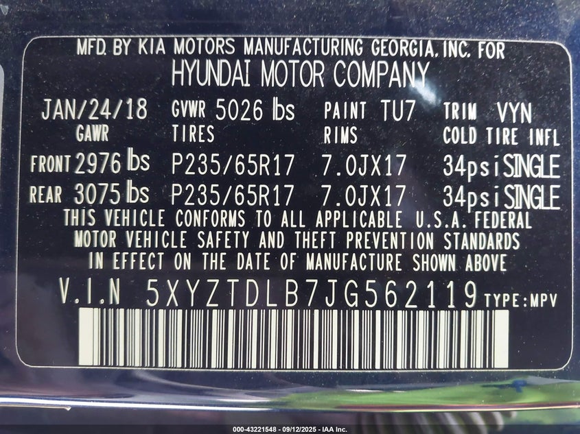 2018 Hyundai Santa Fe Sport 2.4L VIN: 5XYZTDLB7JG562119 Lot: 43221548