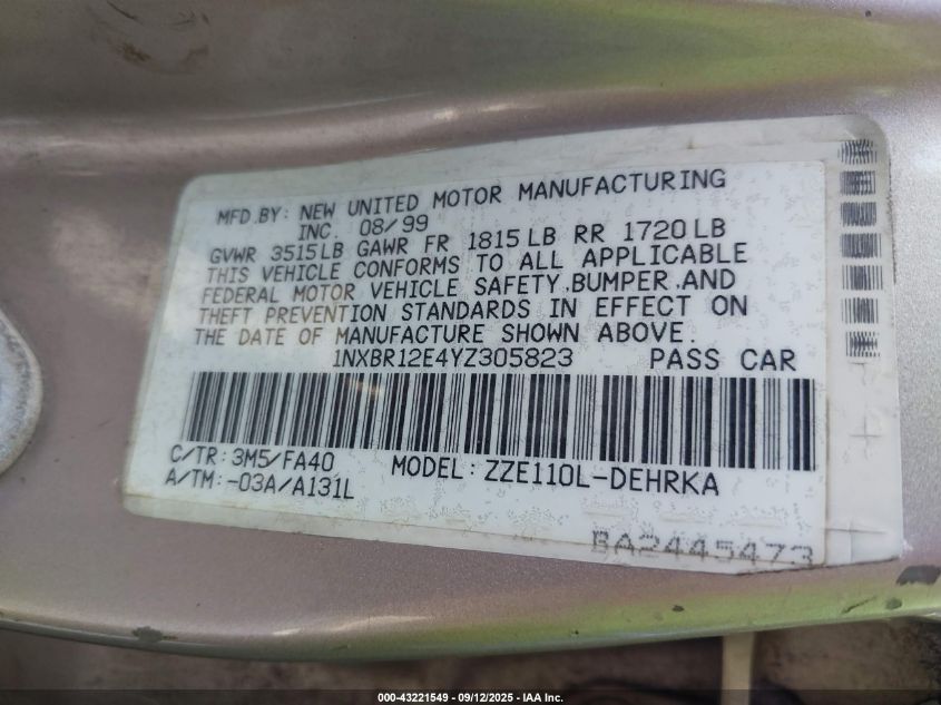 2000 Toyota Corolla Ve VIN: 1NXBR12E4YZ305823 Lot: 43221549