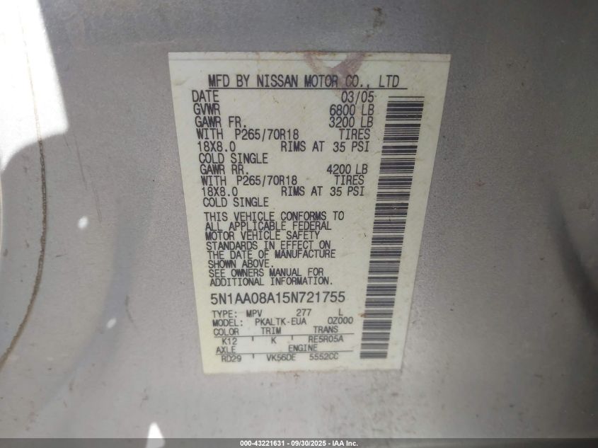 2005 Nissan Armada Se VIN: 5N1AA08A15N721755 Lot: 43221631