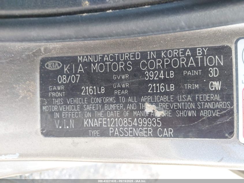 2008 Kia Spectra Ex VIN: KNAFE121085499935 Lot: 43221635