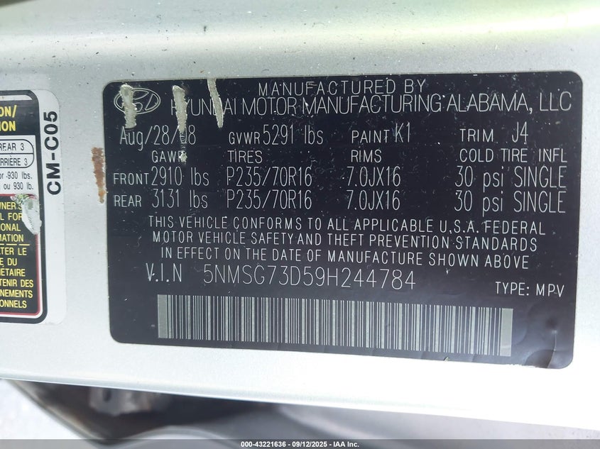 2009 Hyundai Santa Fe Gls VIN: 5NMSG73D59H244784 Lot: 43221636