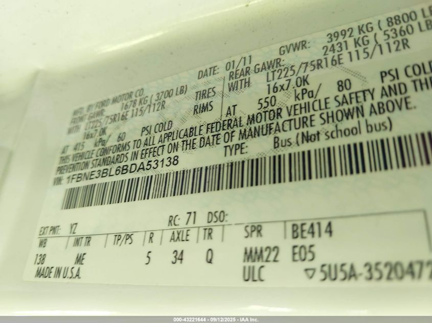 2011 Ford E-350 Super Duty Xlt VIN: 1FBNE3BL6BDA53138 Lot: 43221644