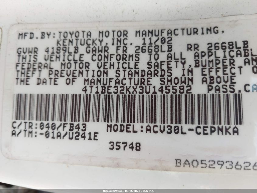 2003 Toyota Camry Le VIN: 4T1BE32KX3U145582 Lot: 43221646