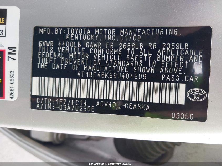 2009 Toyota Camry Se VIN: 4T1BE46K69U404609 Lot: 43221651