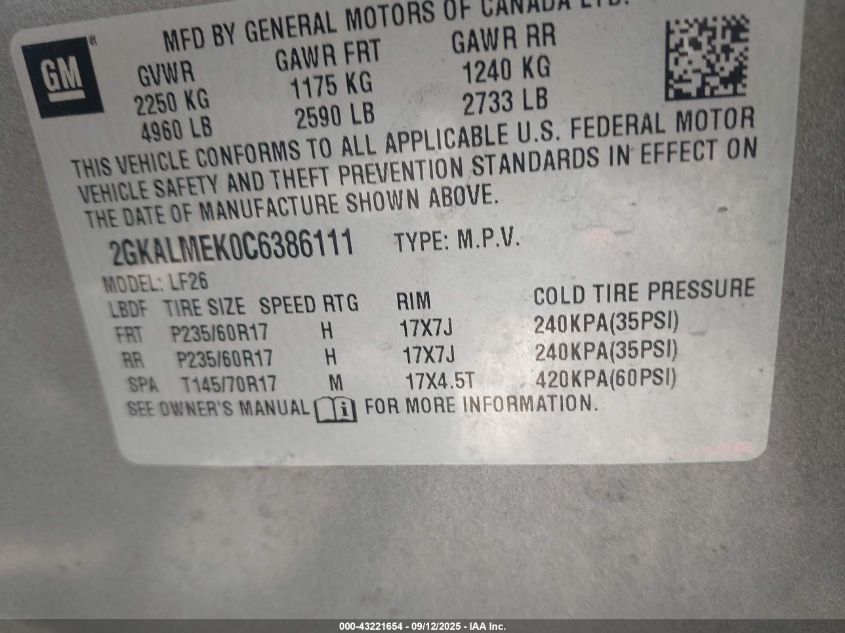 2012 GMC Terrain Sle-1 VIN: 2GKALMEK0C6386111 Lot: 43221654