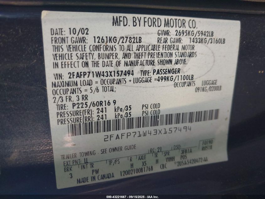 2003 Ford Crown Victoria Police VIN: 2FAFP71W43X157494 Lot: 43221667