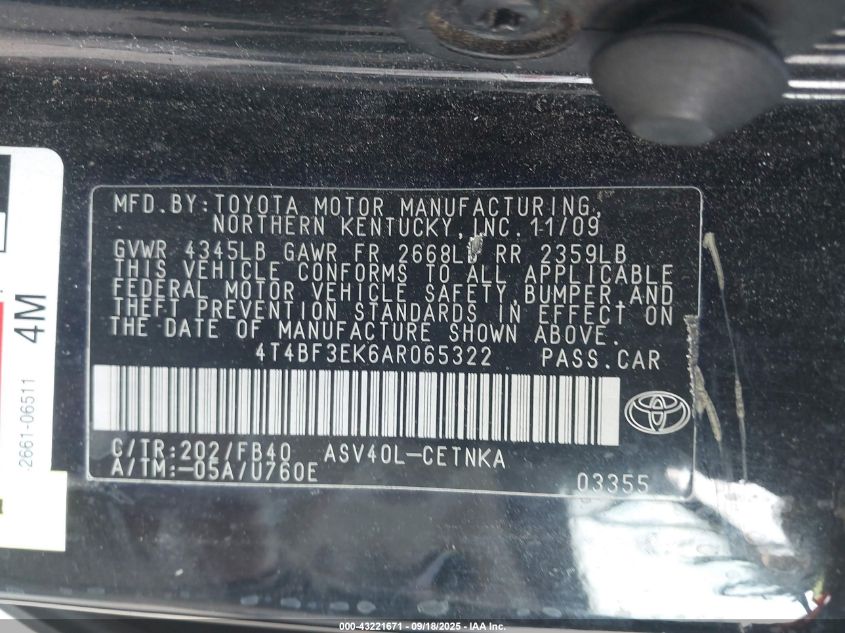 2010 Toyota Camry Le VIN: 4T4BF3EK6AR065322 Lot: 43221671