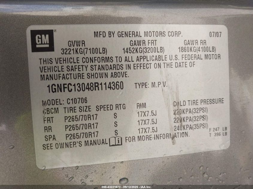 2008 Chevrolet Tahoe Lt VIN: 1GNFC13048R114360 Lot: 43221673