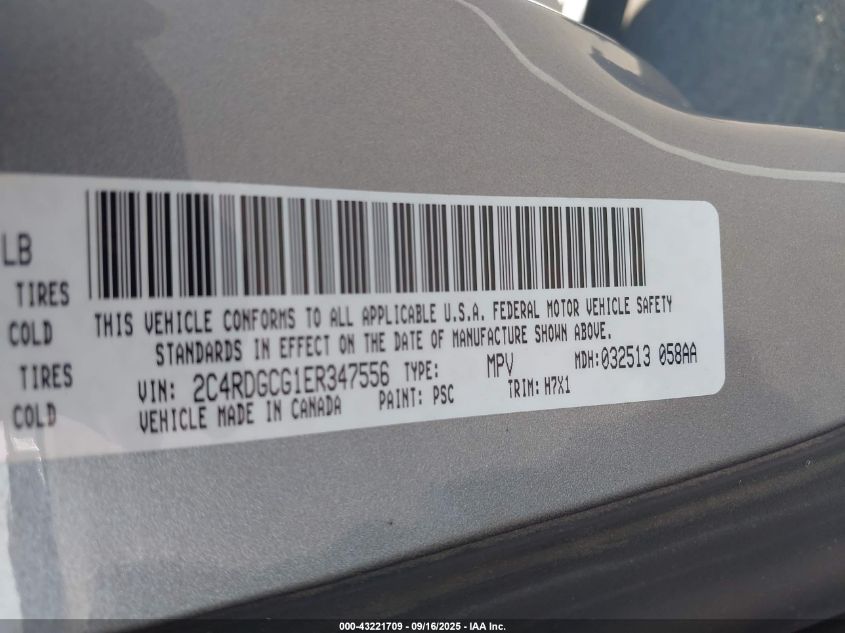 2014 Dodge Grand Caravan Sxt VIN: 2C4RDGCG1ER347556 Lot: 43221709