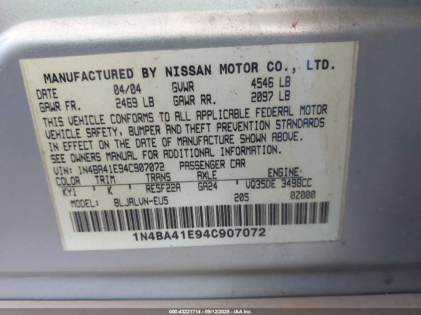 2004 Nissan Maxima 3.5 Sl VIN: 1N4BA41E94C907072 Lot: 43221714