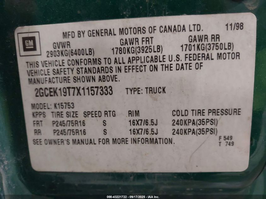 1999 Chevrolet Silverado 1500 Ls VIN: 2GCEK19T7X1157333 Lot: 43221722