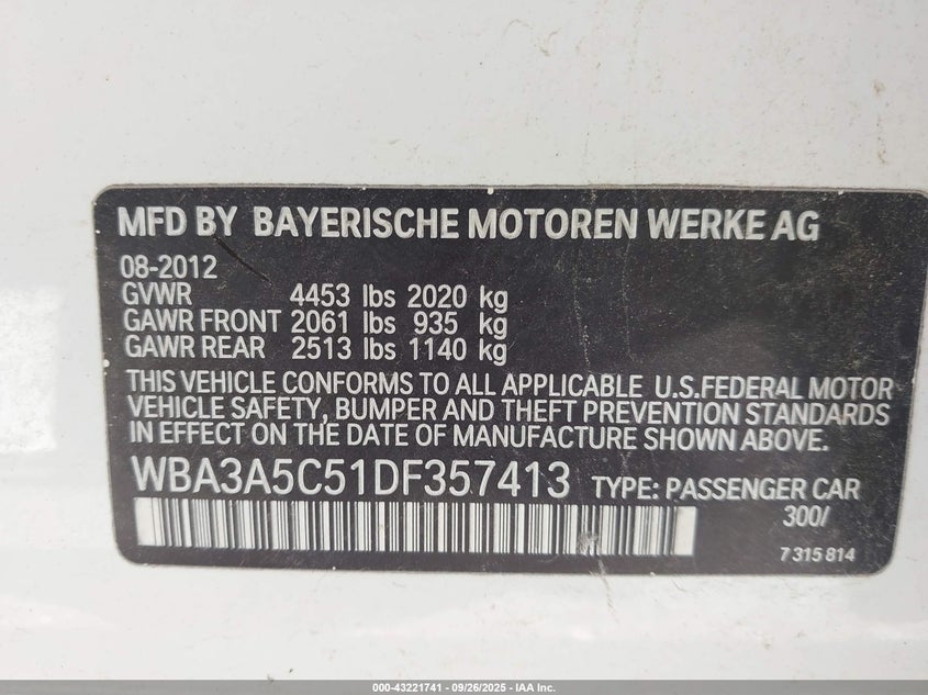 2013 BMW 328I WBA3A5C51DF357413
