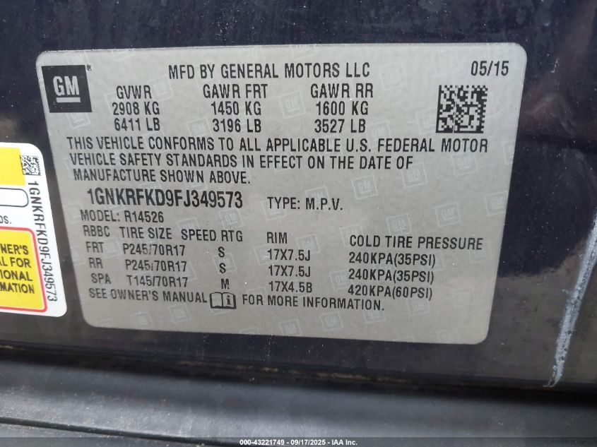 2015 Chevrolet Traverse Ls VIN: 1GNKRFKD9FJ349573 Lot: 43221749