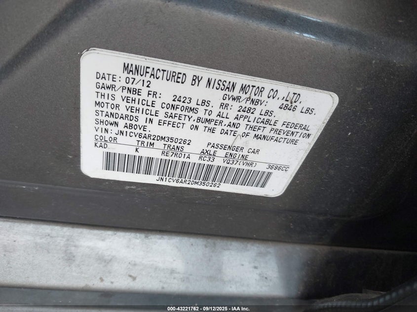 2013 INFINITI G37X - JN1CV6AR2DM350262