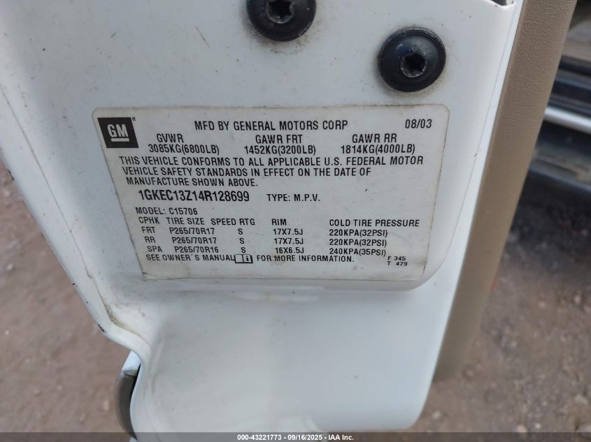 2004 GMC Yukon Slt VIN: 1GKEC13Z14R128699 Lot: 43221773