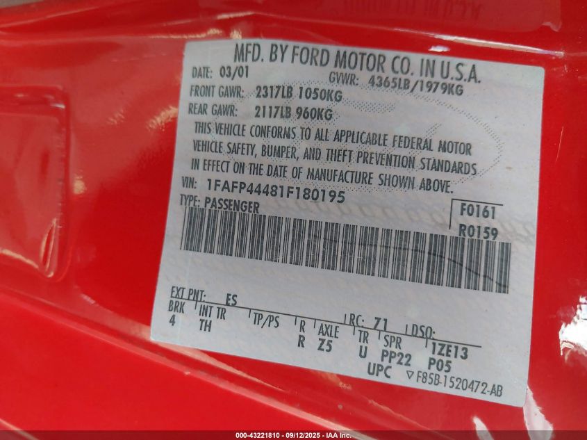 2001 Ford Mustang VIN: 1FAFP44481F180195 Lot: 43221810