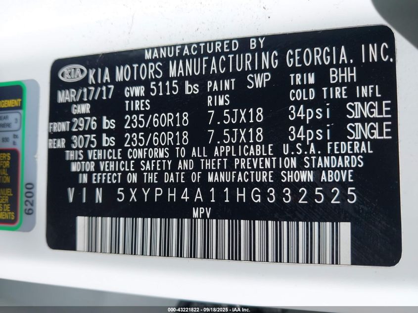 2017 Kia Sorento 2.0T Ex VIN: 5XYPH4A11HG332525 Lot: 43221822
