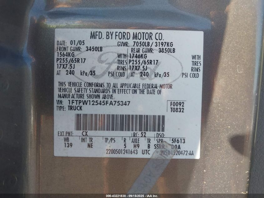 2005 Ford F-150 Lariat/Xlt VIN: 1FTPW12545FA75347 Lot: 43221838