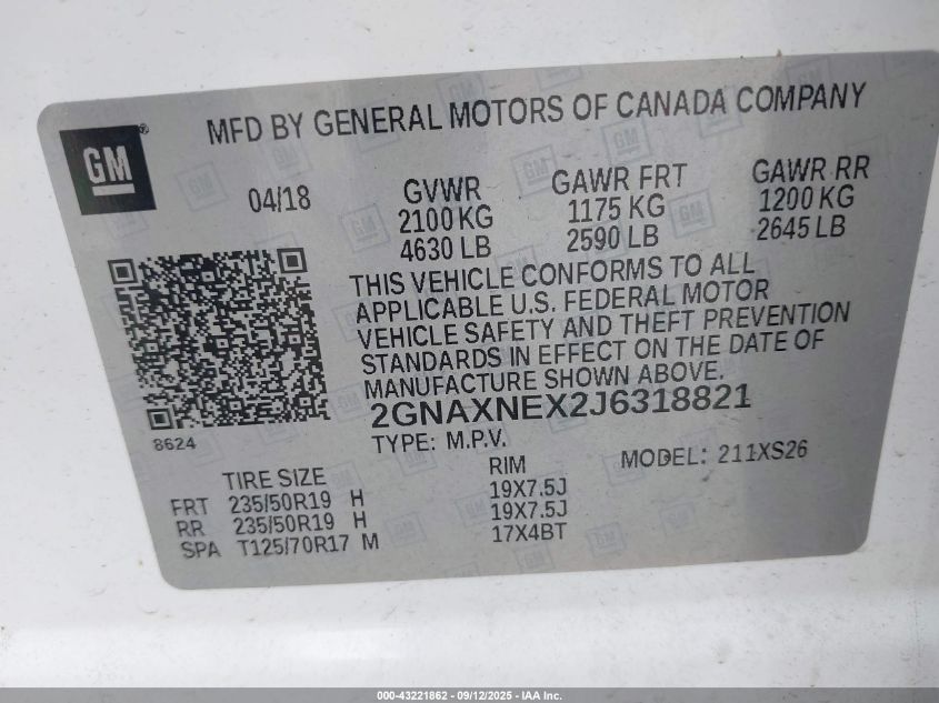 2018 Chevrolet Equinox Premier VIN: 2GNAXNEX2J6318821 Lot: 43221862