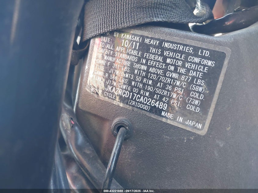 2012 Kawasaki Zr1000 D VIN: JKAZRCD17CA026489 Lot: 43221888