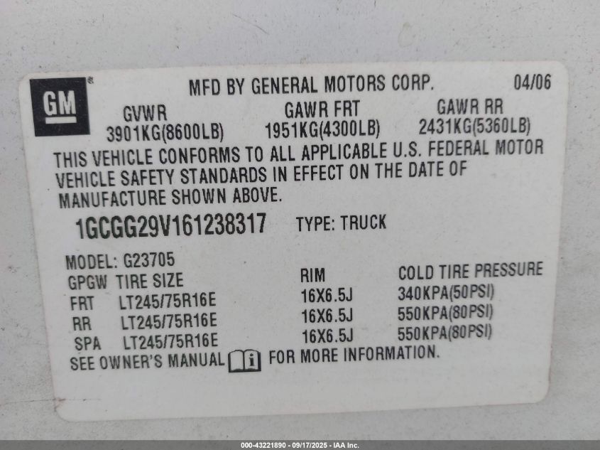 2006 Chevrolet Express Work Van VIN: 1GCGG29V161238317 Lot: 43221890