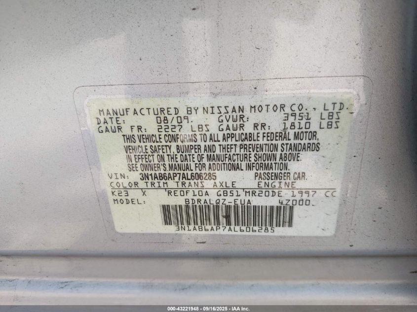 2010 Nissan Sentra 2.0 VIN: 3N1AB6AP7AL606285 Lot: 43221948