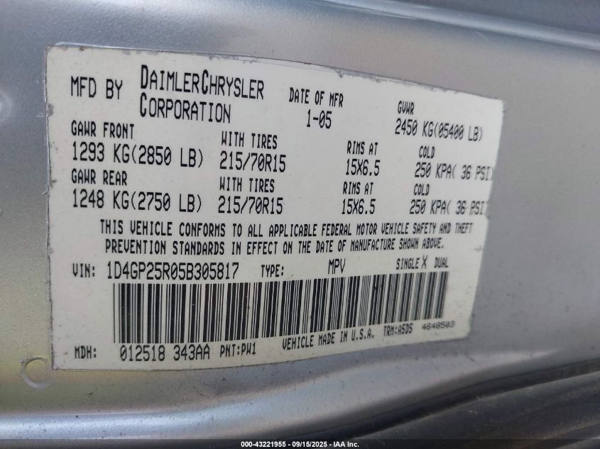 2005 Dodge Caravan Se VIN: 1D4GP25R05B305817 Lot: 43221955