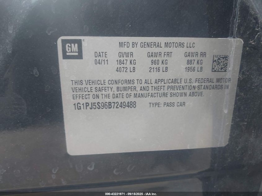 2011 Chevrolet Cruze Eco VIN: 1G1PJ5S96B7249488 Lot: 43221971