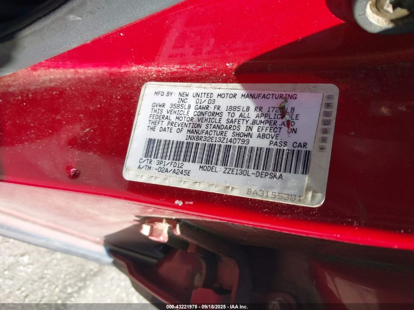 2003 Toyota Corolla S VIN: 1NXBR32E13Z140799 Lot: 43221978