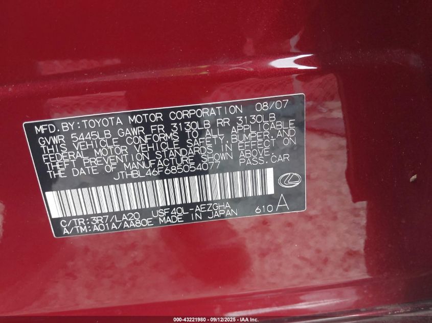 2008 Lexus Ls 460 VIN: JTHBL46F685054077 Lot: 43221980
