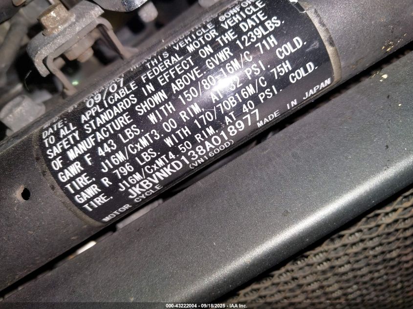 2008 Kawasaki Vn1600 D VIN: JKBVNKD138A018977 Lot: 43222004