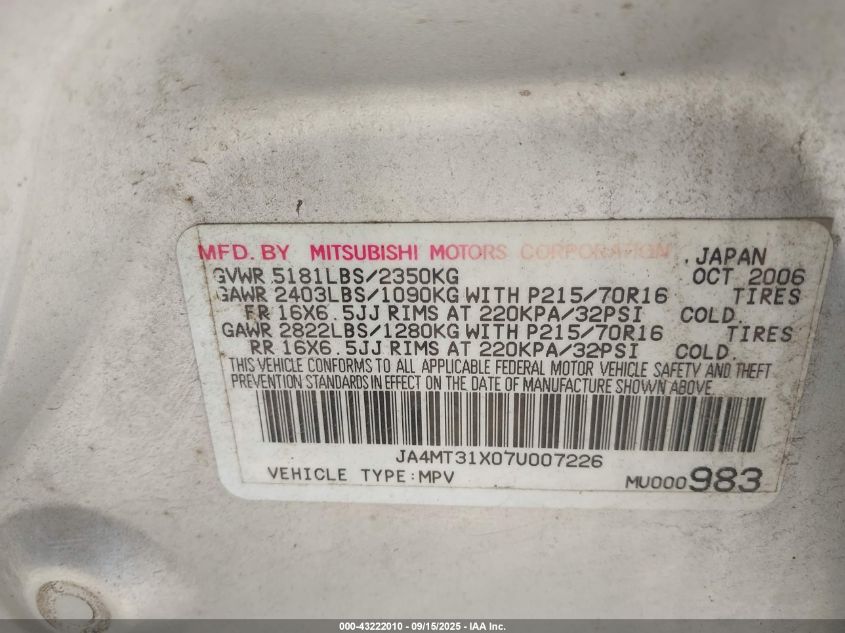 2007 Mitsubishi Outlander Ls VIN: JA4MT31X07U007226 Lot: 43222010