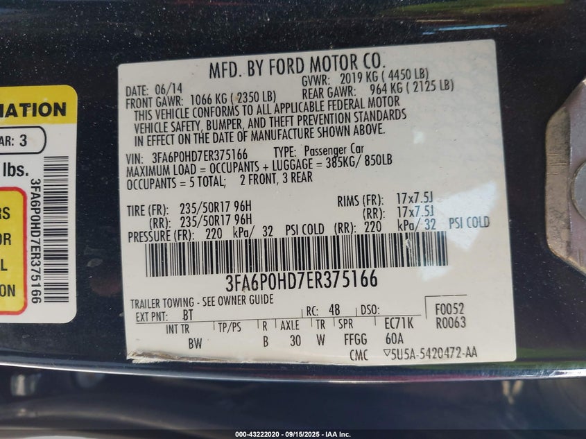 2014 Ford Fusion Se VIN: 3FA6P0HD7ER375166 Lot: 43222020