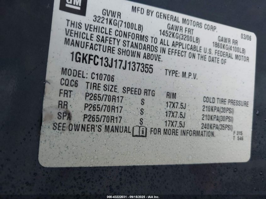 2007 GMC Yukon Slt VIN: 1GKFC13J17J137355 Lot: 43222031
