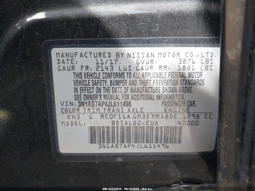 2018 Nissan Sentra Sv VIN: 3N1AB7AP4JL611496 Lot: 43222038