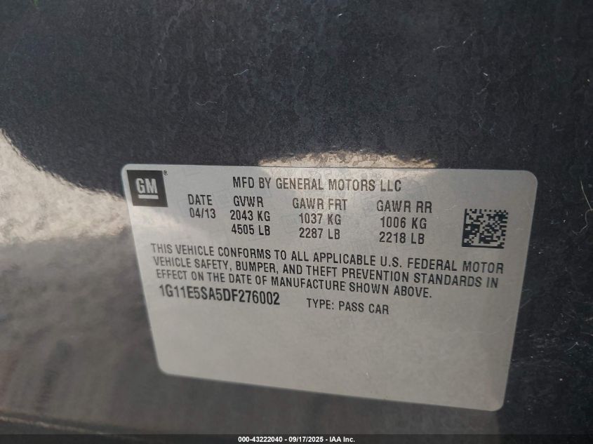 2013 Chevrolet Malibu 2Lt VIN: 1G11E5SA5DF276002 Lot: 43222040