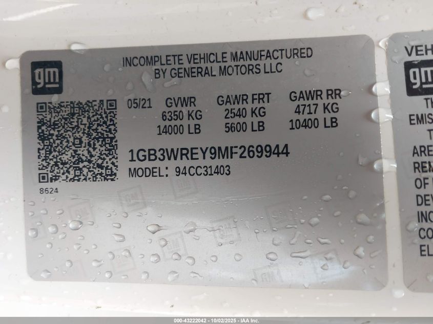 2021 Chevrolet Silverado 3500Hd Chassis Work Truck VIN: 1GB3WREY9MF269944 Lot: 43222042