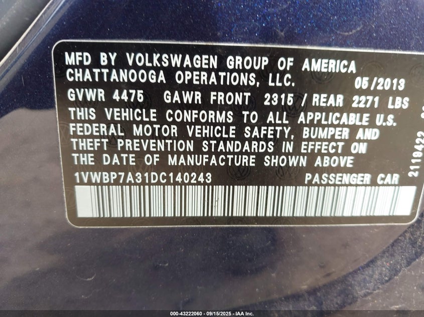 2013 VOLKSWAGEN PASSAT 2.5L SE 1VWBP7A31DC140243