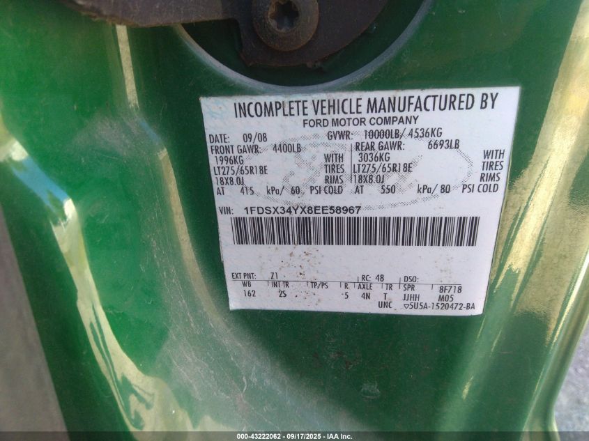 2008 Ford F-350 Chassis Lariat/Xl/Xlt VIN: 1FDSX34YX8EE58967 Lot: 43222062
