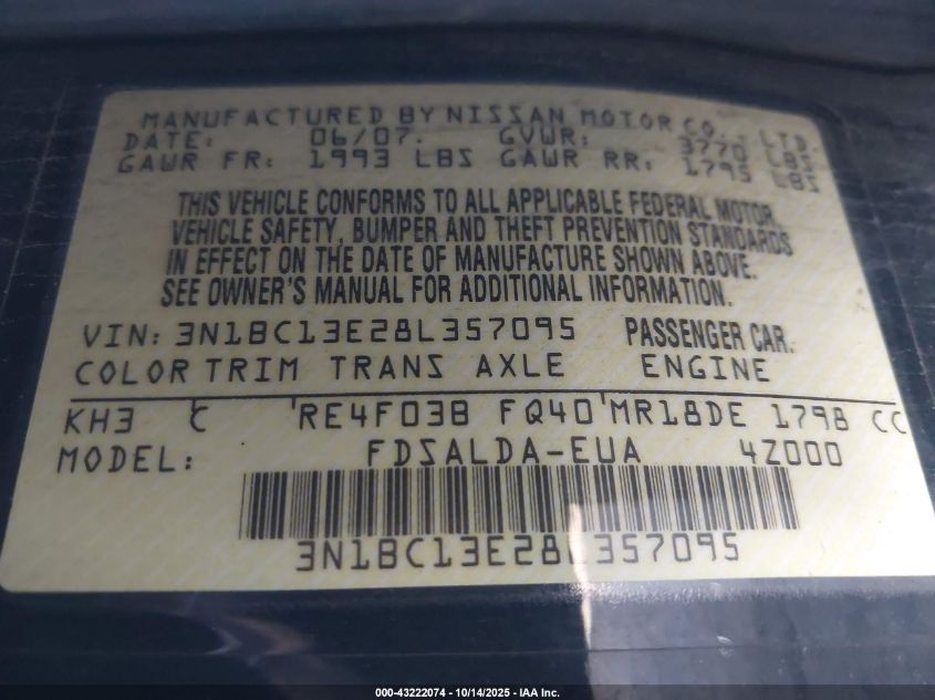 2008 Nissan Versa 1.8S VIN: 3N1BC13E28L357095 Lot: 43222074