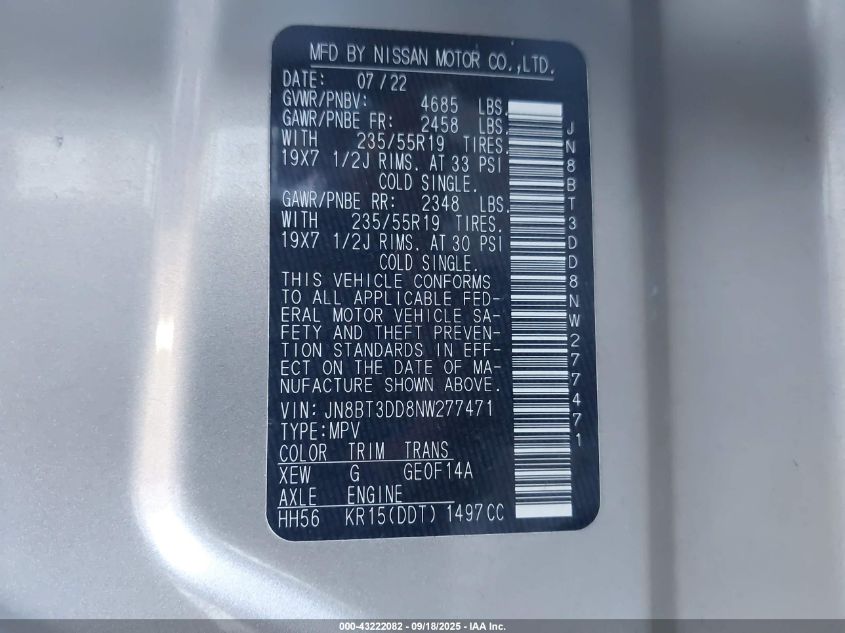 2022 Nissan Rogue Platinum VIN: JN8BT3DD8NW277471 Lot: 43222082