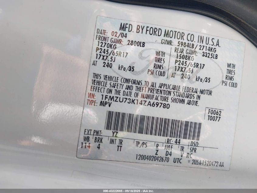 2004 Ford Explorer Nbx/Xlt VIN: 1FMZU73K14ZA69780 Lot: 43222085