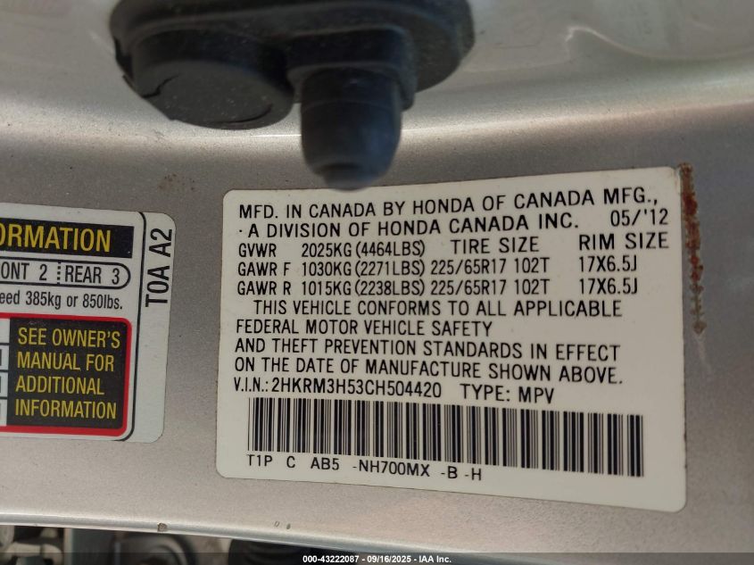 2012 Honda Cr-V Ex VIN: 2HKRM3H53CH504420 Lot: 43222087