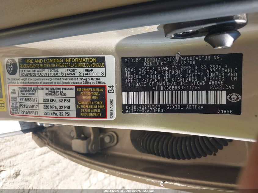 2008 Toyota Avalon Limited VIN: 4T1BK36B88U311754 Lot: 43222088