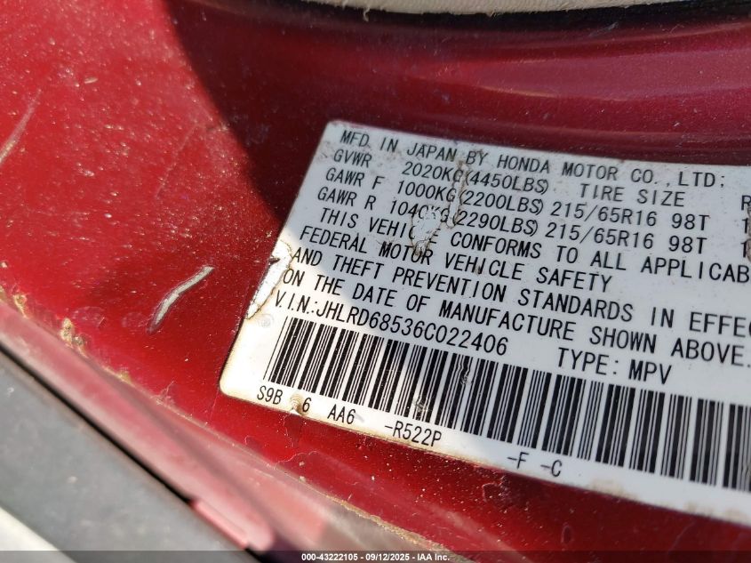 2006 Honda Cr-V Lx VIN: JHLRD68536C022406 Lot: 43222105