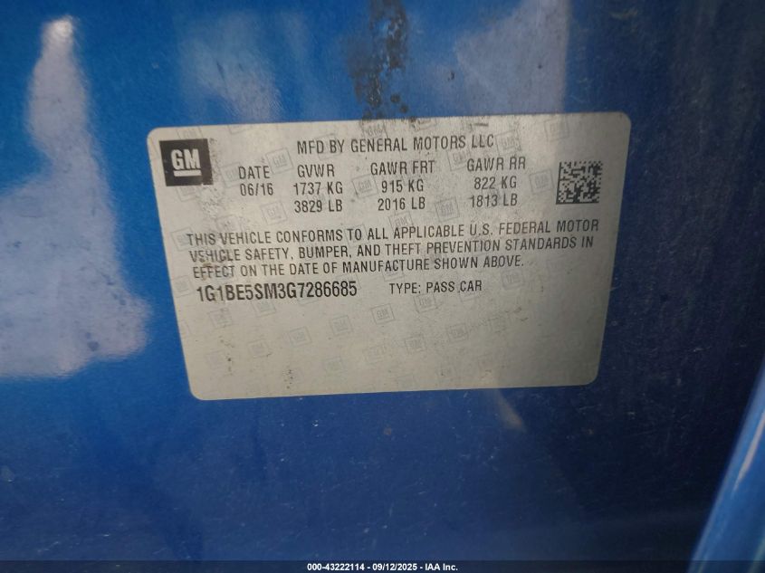 2016 Chevrolet Cruze Lt Auto VIN: 1G1BE5SM3G7286685 Lot: 43222114