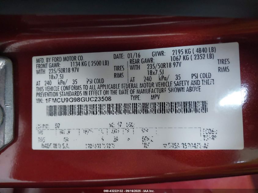 2016 Ford Escape Se VIN: 1FMCU9G98GUC23508 Lot: 43222132