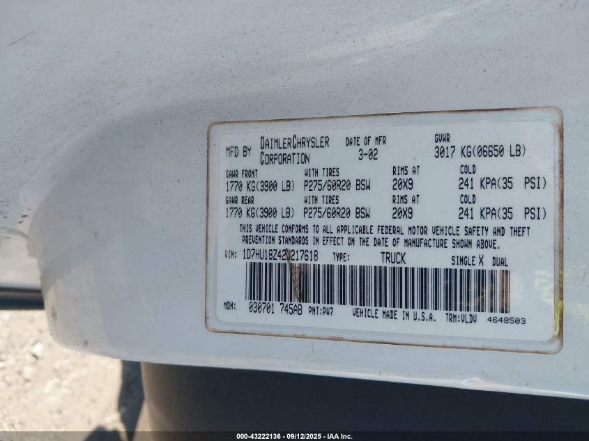 2002 Dodge Ram 1500 St VIN: 1D7HU18Z42J217618 Lot: 43222136